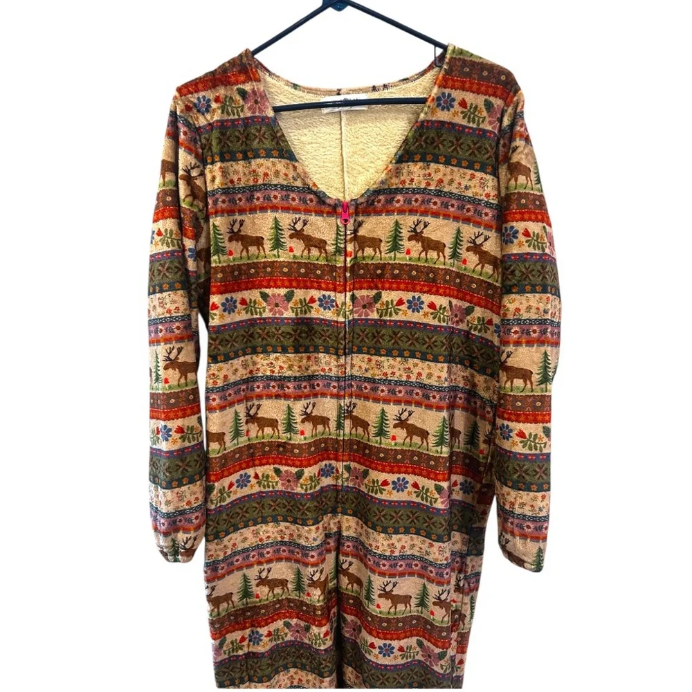 Natural Life PJ Onesie Zip Up Fleece Cozy Jumpsuit Moose Nature Outdoor Print XS - Picture 2 of 11